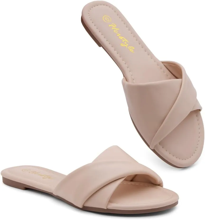 Herstyle MARLENA Women’s Flat Sandals, Fashion Slides Comfortable Casual Sandals with Round Open Toe and Single Band – Dressy Slip-On Slippers for Summer