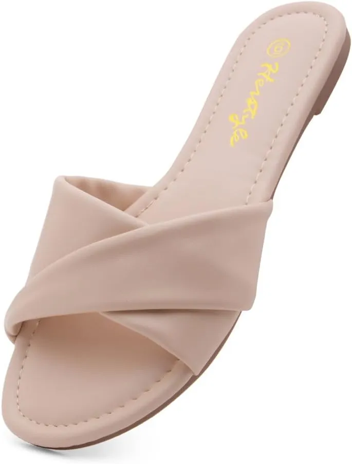 Herstyle MARLENA Women’s Flat Sandals, Fashion Slides Comfortable Casual Sandals with Round Open Toe and Single Band – Dressy Slip-On Slippers for Summer