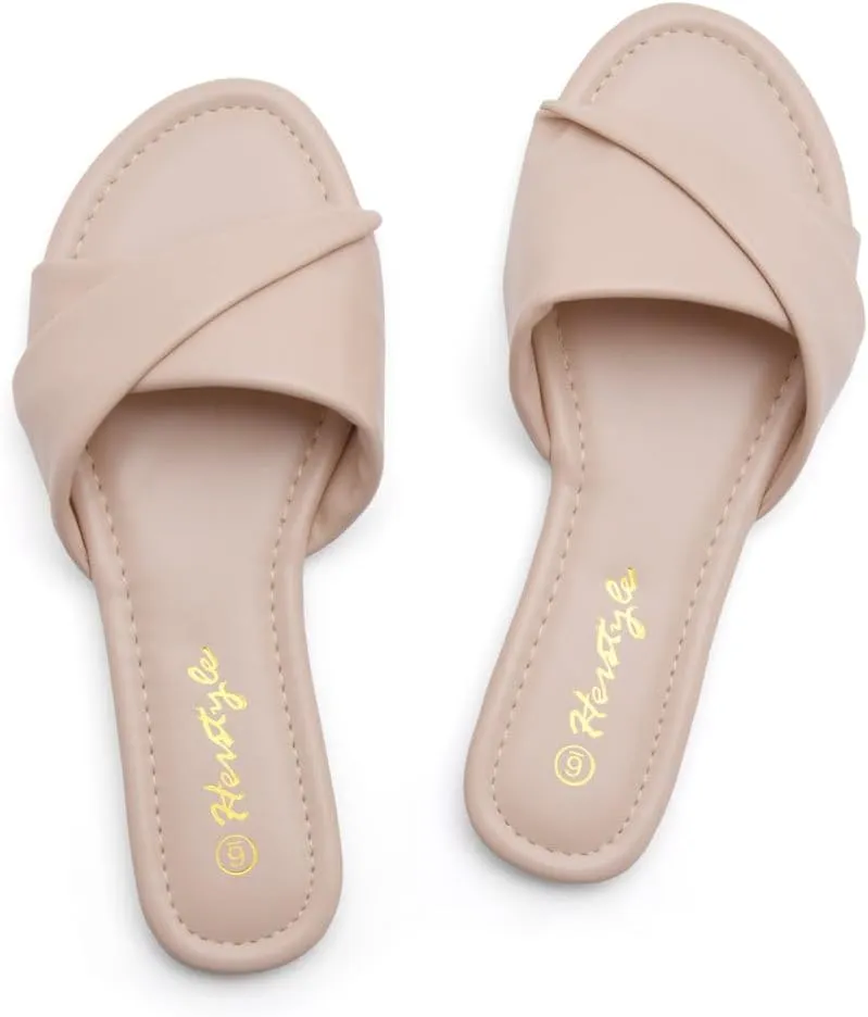 Herstyle MARLENA Women’s Flat Sandals, Fashion Slides Comfortable Casual Sandals with Round Open Toe and Single Band – Dressy Slip-On Slippers for Summer