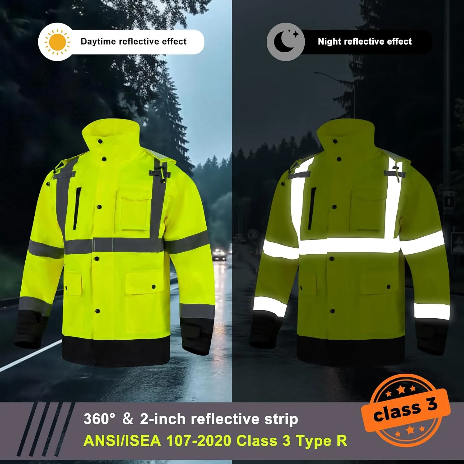 Hi Vis Rain Jacket, Men's Workwear Rain Suits Waterproof, Class 3 High Visibility Rain Coats for Men Rain Gear