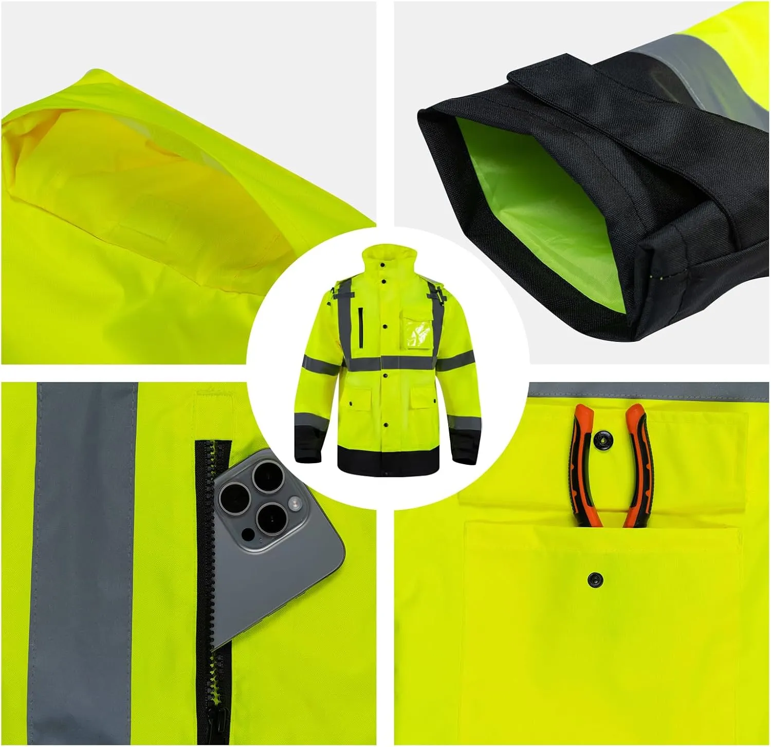 Hi Vis Rain Jacket, Men's Workwear Rain Suits Waterproof, Class 3 High Visibility Rain Coats for Men Rain Gear