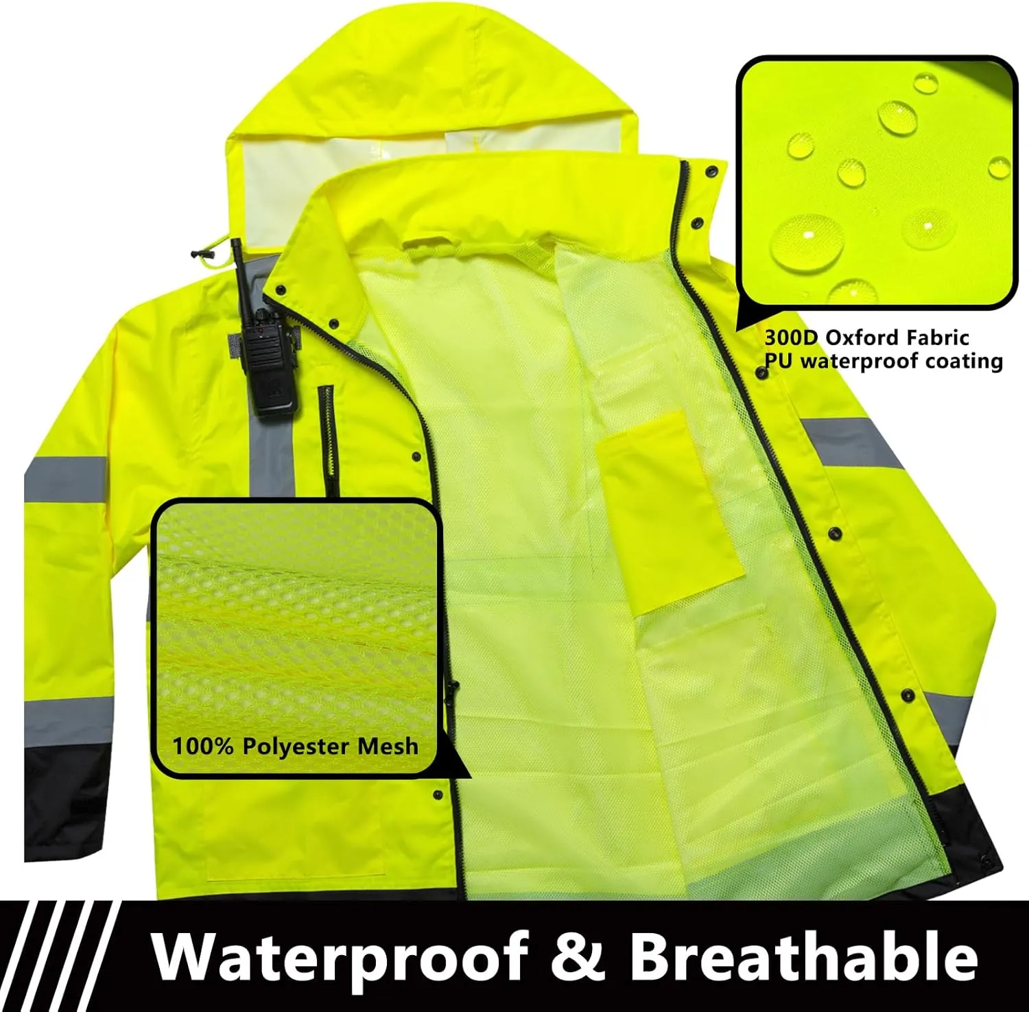 Hi Vis Rain Jacket, Men's Workwear Rain Suits Waterproof, Class 3 High Visibility Rain Coats for Men Rain Gear
