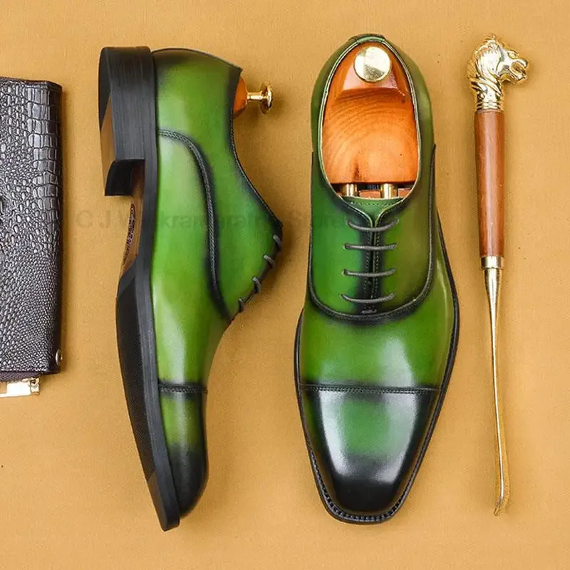 High-Quality Genuine Leather Men's Oxford Shoes, Classic Dress Style, Brown and Green Lace-Up with Square Head, Formal Brogue Footwear