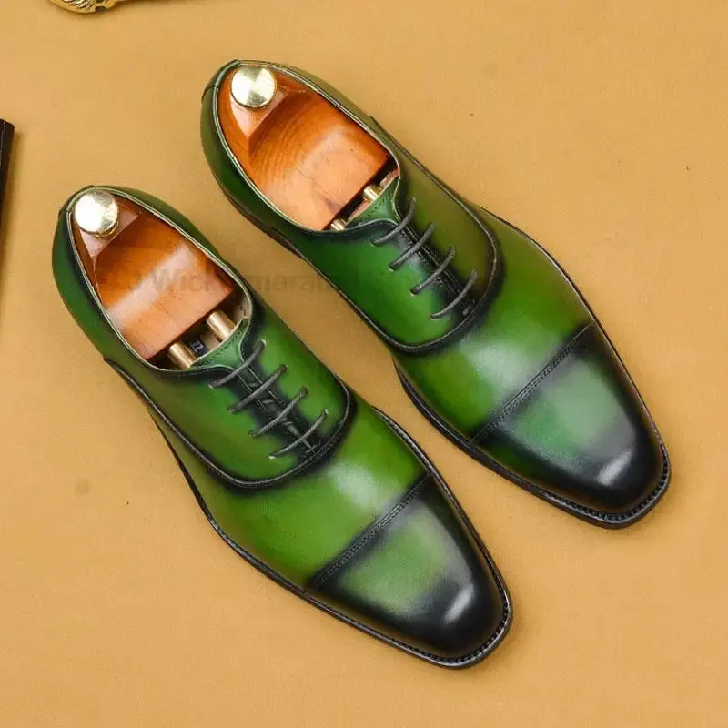 High-Quality Genuine Leather Men's Oxford Shoes, Classic Dress Style, Brown and Green Lace-Up with Square Head, Formal Brogue Footwear