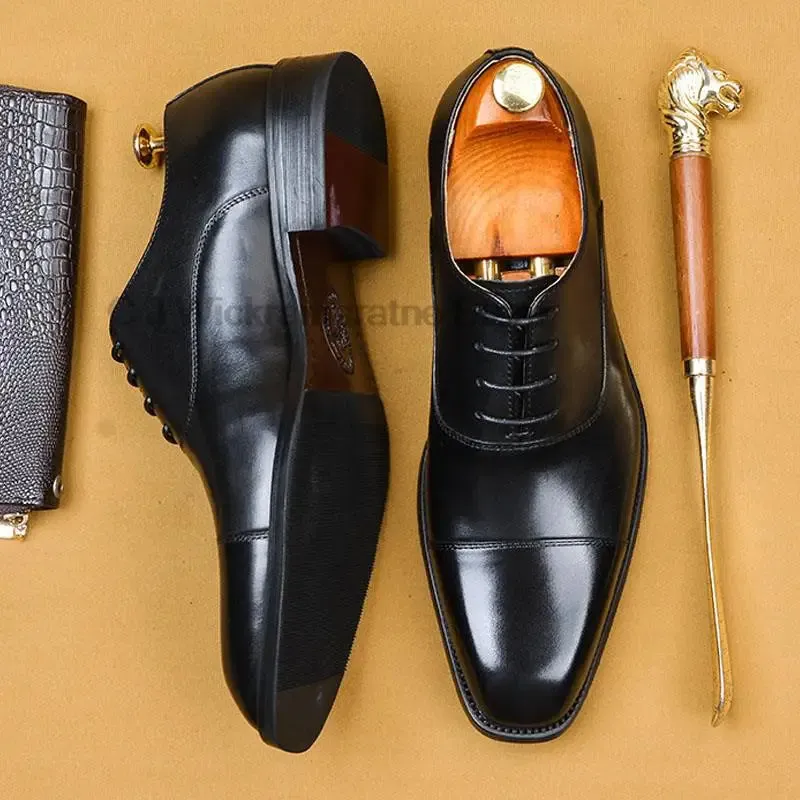 High-Quality Genuine Leather Men's Oxford Shoes, Classic Dress Style, Brown and Green Lace-Up with Square Head, Formal Brogue Footwear