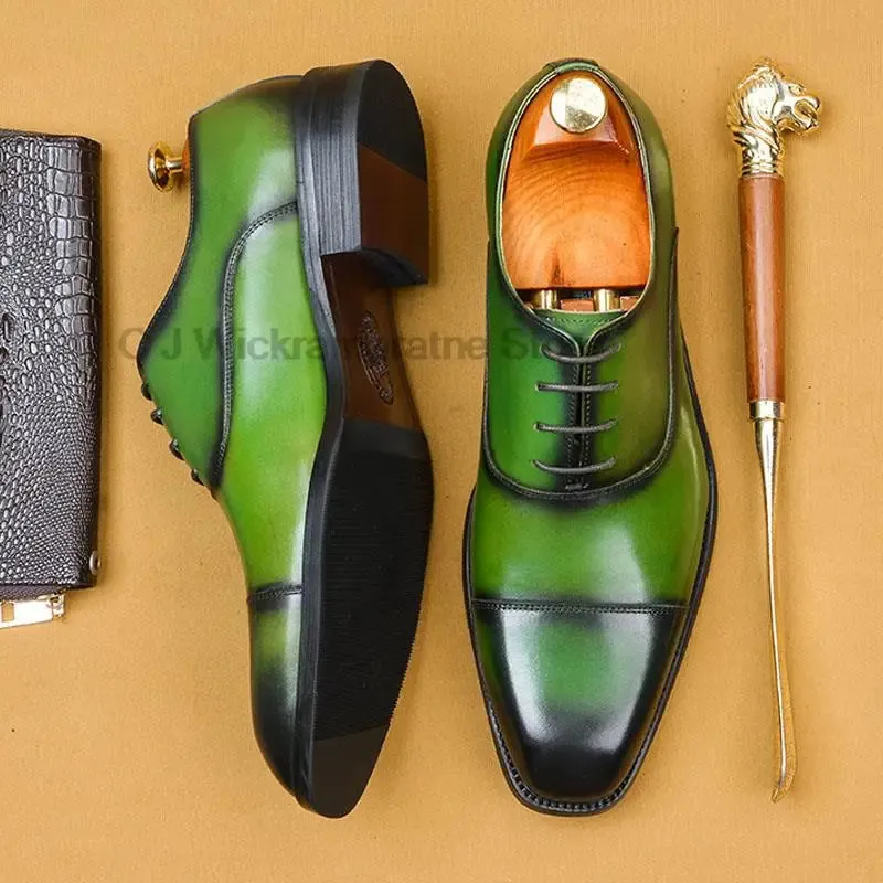 High-Quality Genuine Leather Men's Oxford Shoes, Classic Dress Style, Brown and Green Lace-Up with Square Head, Formal Brogue Footwear