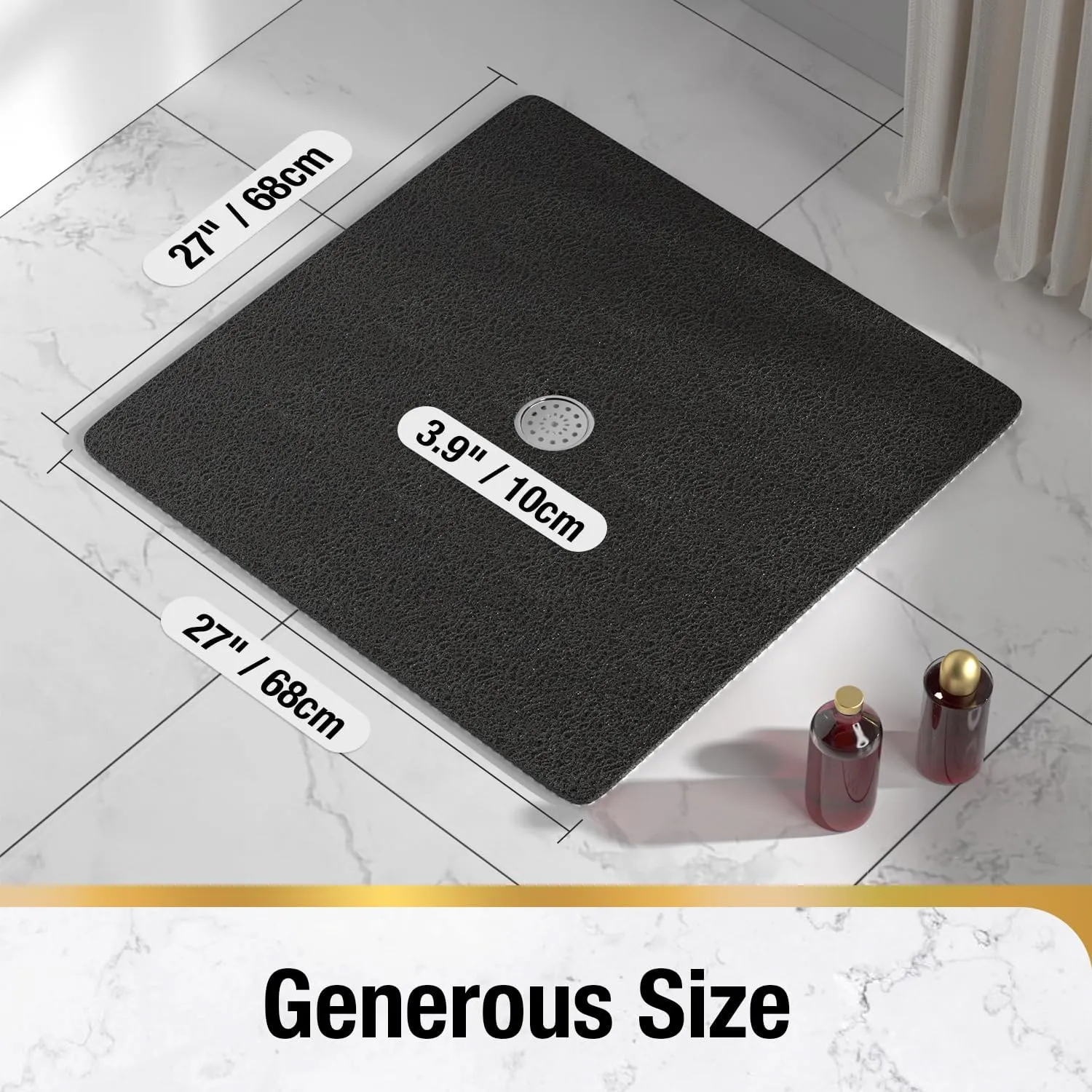 HITSLAM Square Shower Mat, 27 x 27 Inch Non Slip Bath Mat for Tub, Soft PVC Loofah Bathtub Mats with Drain Holes, Quick Drying Bathroom Stall Floor Mat, Bathroom Accessories Without Suction Cup, Black