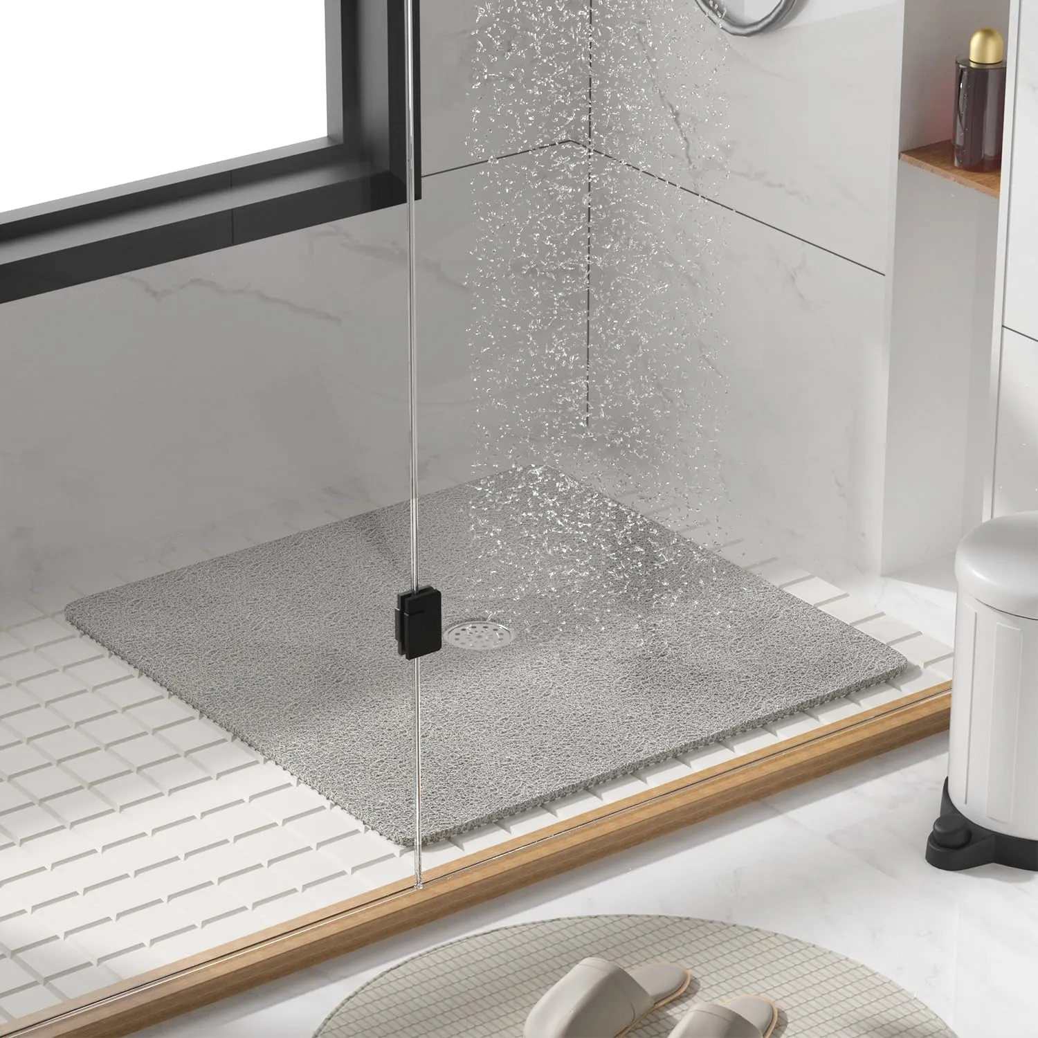 HITSLAM Square Shower Mat, 27 x 27 Inch Non Slip Bath Mat for Tub, Soft PVC Loofah Bathtub Mats with Drain Holes, Quick Drying Bathroom Stall Floor Mat, Bathroom Accessories Without Suction Cup, Grey