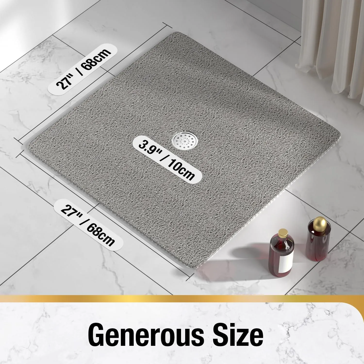HITSLAM Square Shower Mat, 27 x 27 Inch Non Slip Bath Mat for Tub, Soft PVC Loofah Bathtub Mats with Drain Holes, Quick Drying Bathroom Stall Floor Mat, Bathroom Accessories Without Suction Cup, Grey