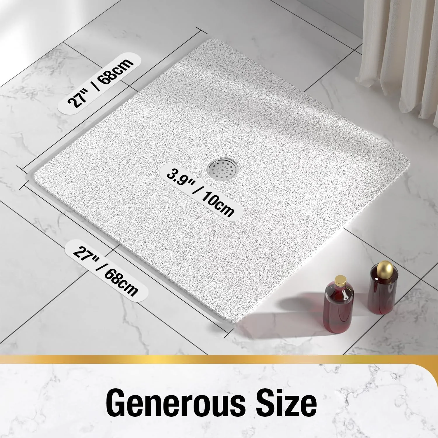 HITSLAM Square Shower Mat, 27 x 27 Inch Non Slip Bath Mat for Tub, Soft PVC Loofah Bathtub Mats with Drain Holes, Quick Drying Bathroom Stall Floor Mat, Bathroom Accessories Without Suction Cup, White