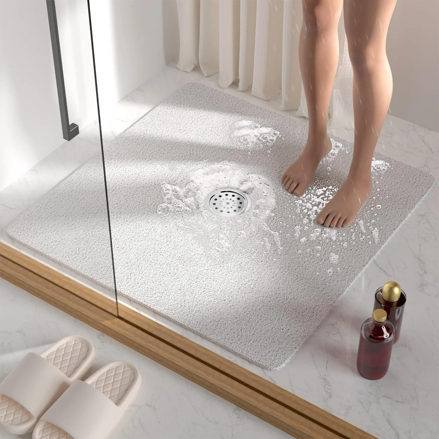 HITSLAM Square Shower Mat, 27 x 27 Inch Non Slip Bath Mat for Tub, Soft PVC Loofah Bathtub Mats with Drain Holes, Quick Drying Bathroom Stall Floor Mat, Bathroom Accessories Without Suction Cup, White