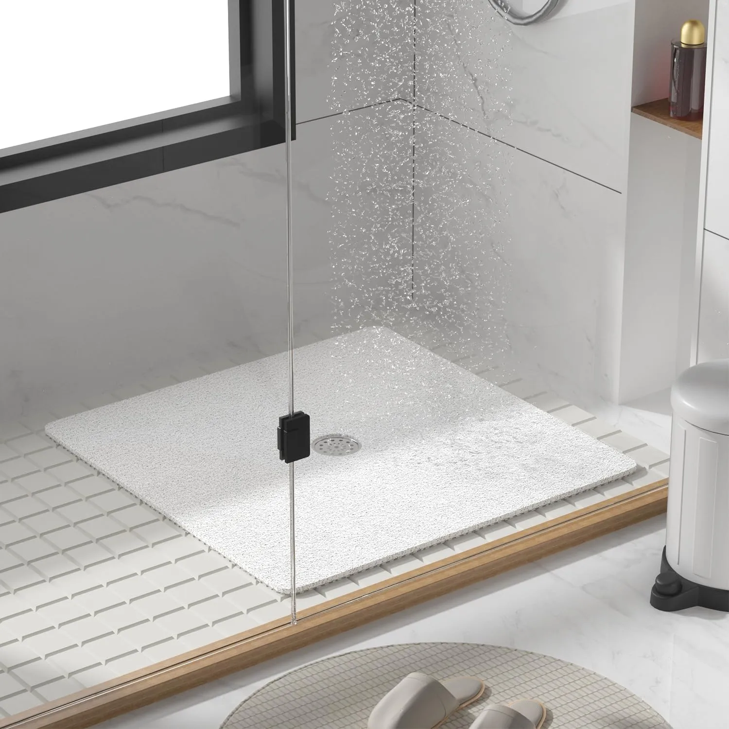 HITSLAM Square Shower Mat, 27 x 27 Inch Non Slip Bath Mat for Tub, Soft PVC Loofah Bathtub Mats with Drain Holes, Quick Drying Bathroom Stall Floor Mat, Bathroom Accessories Without Suction Cup, White