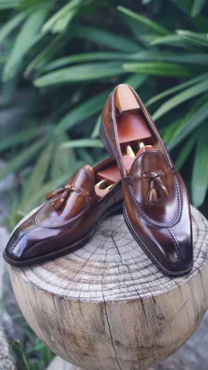 HolloShoe Hand-Burnished Brown Leather Tassel Loafers
