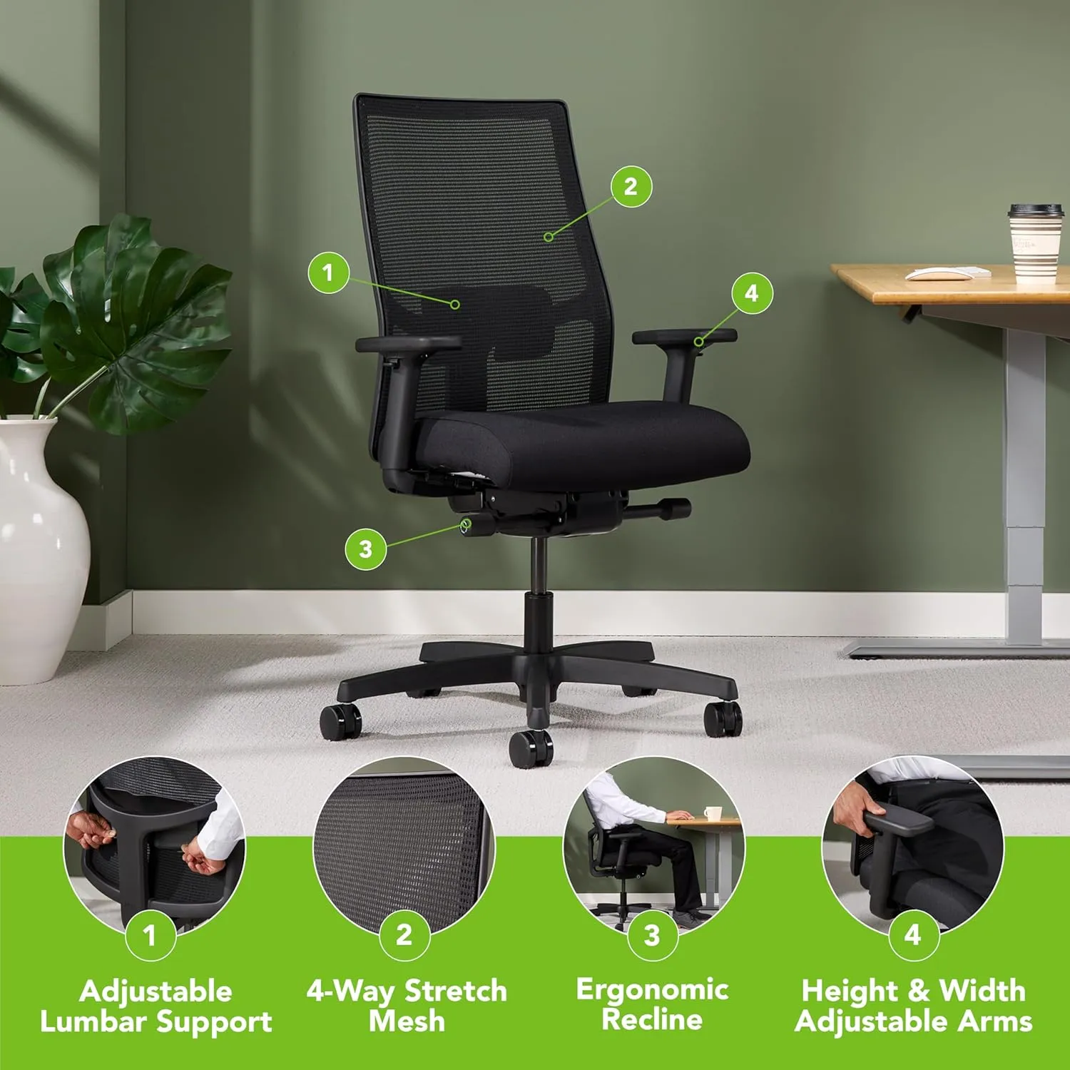 HON Ignition 2.0 Ergonomic Office Chair - Tilt Recline, Swivel Wheels, Comfortable for Long Hours in Home Office & Task Work, Executive, Blue