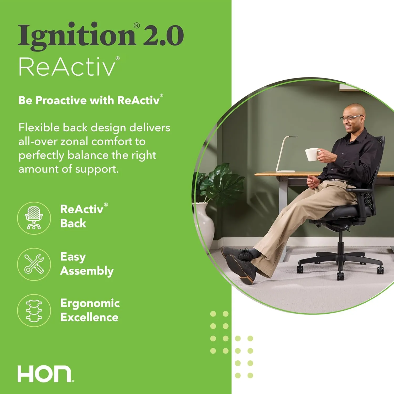 HON Ignition 2.0 ReActiv Ergonomic Office Chair with Lumbar Support, Synchro-Tilt Recline, Breathable Flex-Back Support for Office Chair, Blue
