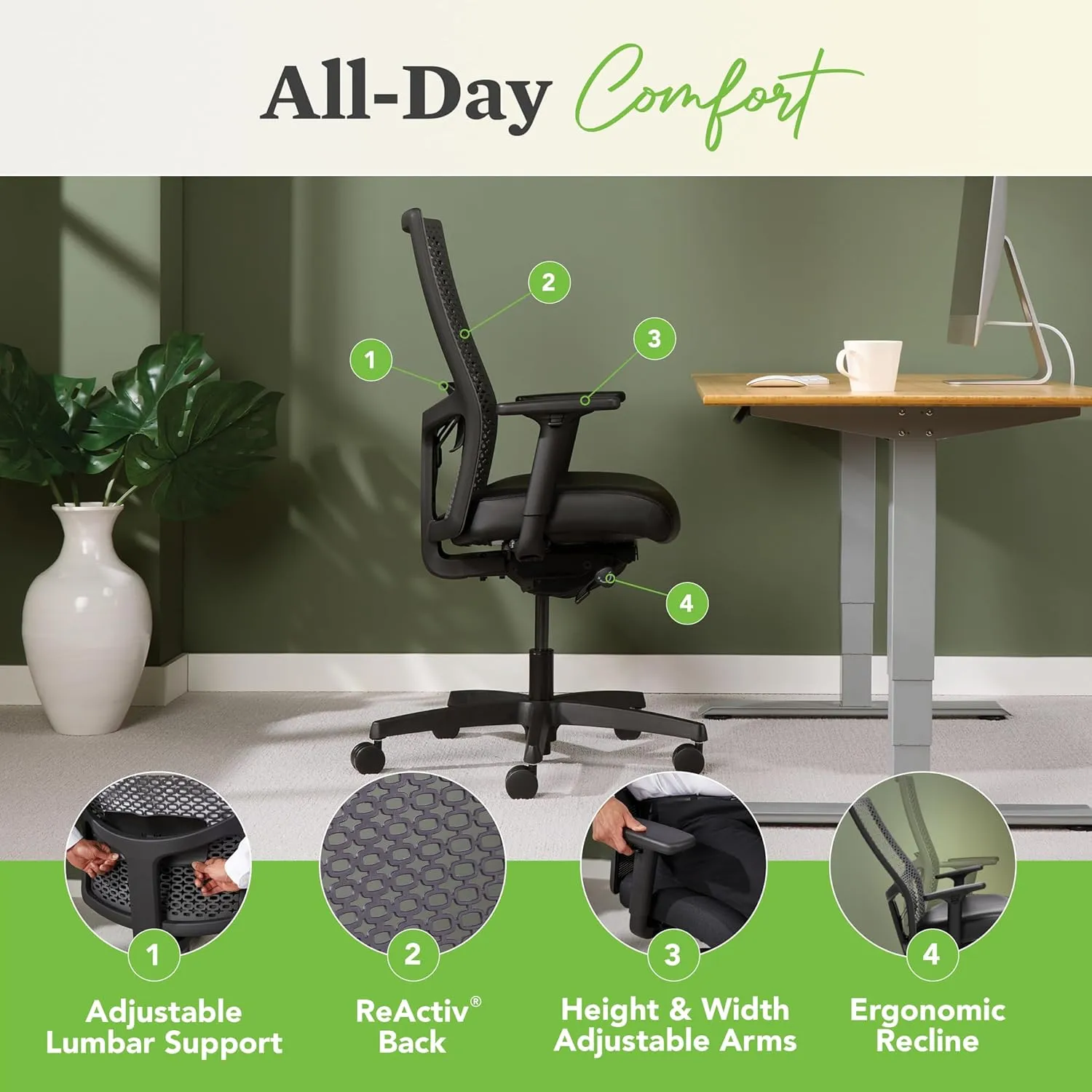 HON Ignition 2.0 ReActiv Ergonomic Office Chair with Lumbar Support, Synchro-Tilt Recline, Breathable Flex-Back Support for Office Chair, Blue