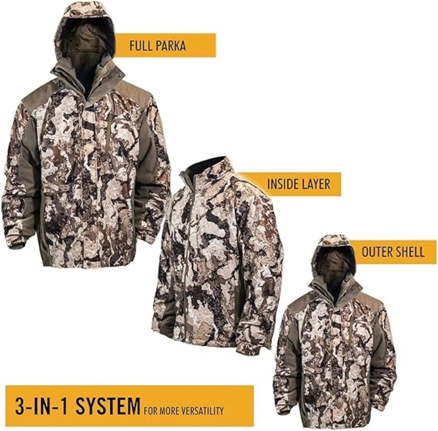HOT SHOT Men’s 3-in-1 Insulated Camo Hunting Parka, Waterproof Jacket, Versatile Camouflage Hunting Clothes for Men