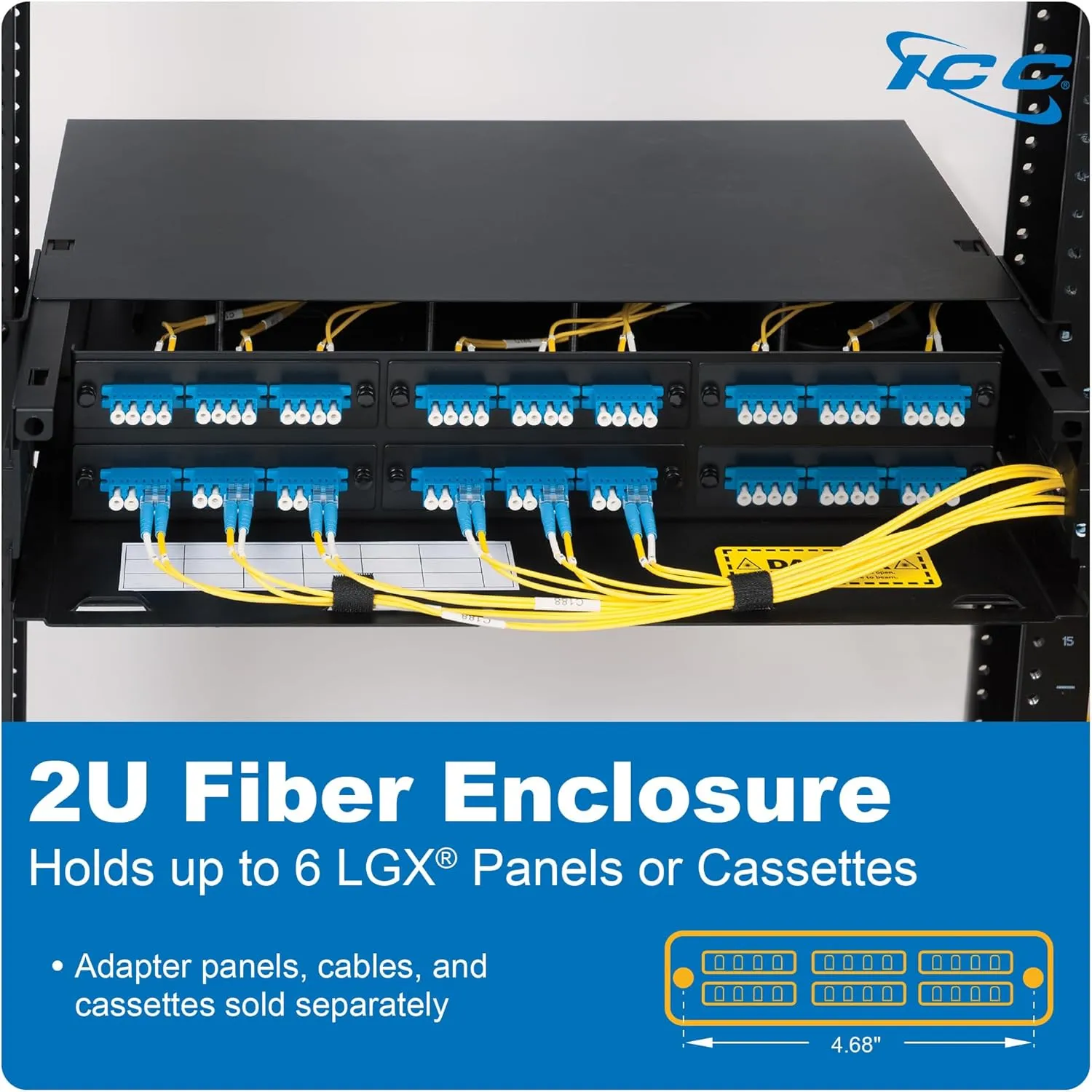 ICC 2U Fiber Optic Rack Mount Enclosure - 6 Slots for LGX Compatible Adapter Panels or Cassettes, Supports up to 144 Fibers, Fits 19-Inch Racks, Secure Fiber Management Solution, ICFORE62RM