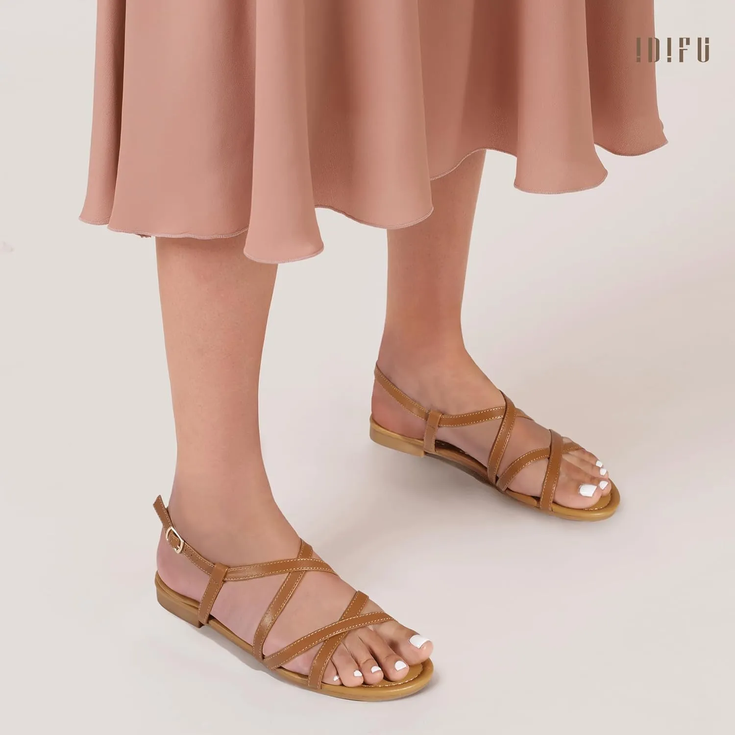 IDIFU Strappy Sandals for Women Open Toe Slingback Ankle Strap Flat Sandals Summer Beach Wedding Bridal Prom Party Work Office Dress Sandals Comfortable Trendy Casual Dressy Sandals