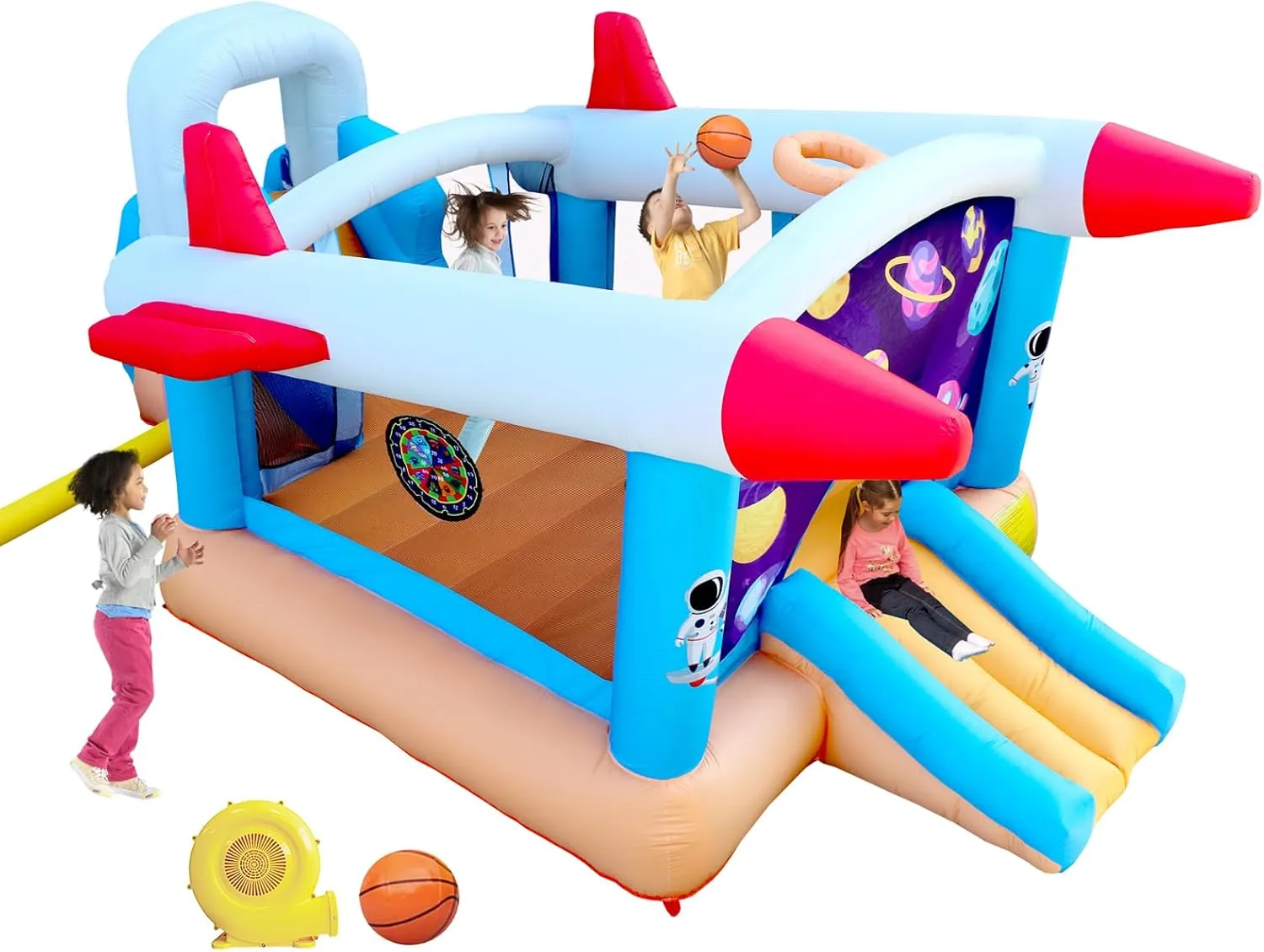 Inflatable Bounce House with Double Slide, Jumping Castle with Blower and Basketball Rim, Target Game, Large Trampoline