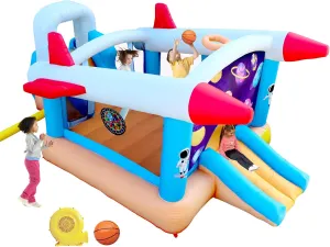 Inflatable Bounce House with Double Slide, Jumping Castle with Blower and Basketball Rim, Target Game, Large Trampoline