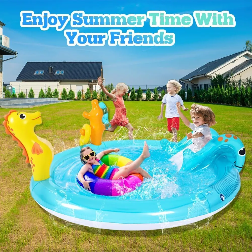Inflatable Sea Animal Play Center, Inflatable Kids Swimming Pool with Water Slide, Water Sprayer, Sea Spray Kiddie Pool for Kids Children Summer Outdoor Splash, Backyard Garden Water Park