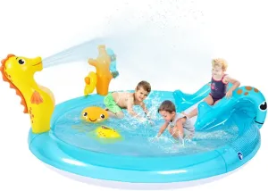 Inflatable Sea Animal Play Center, Inflatable Kids Swimming Pool with Water Slide, Water Sprayer, Sea Spray Kiddie Pool for Kids Children Summer Outdoor Splash, Backyard Garden Water Park