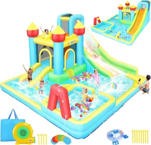 Inflatable Swimming Bounce House Water Slides, 13FTx12.5FT Extra Large Waterslide Jumping Castle with Kids Deep Pool, Basketball Hoop Heavy-Duty for Kids Backyard Big Party