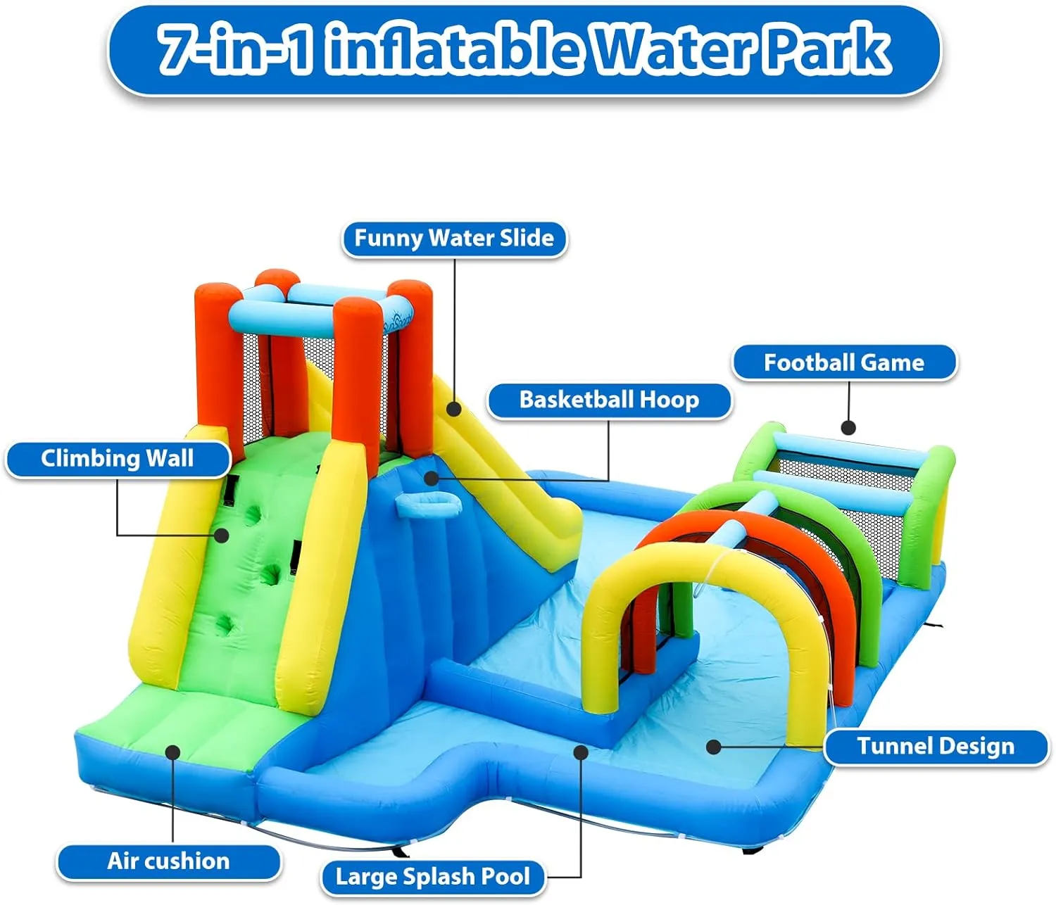Inflatable Water Slide, Bounce House for Kids Outdoor, Inflatable Water Park with Tunnel, 7 in 1 Bouncy House with Blower for Party Birthday