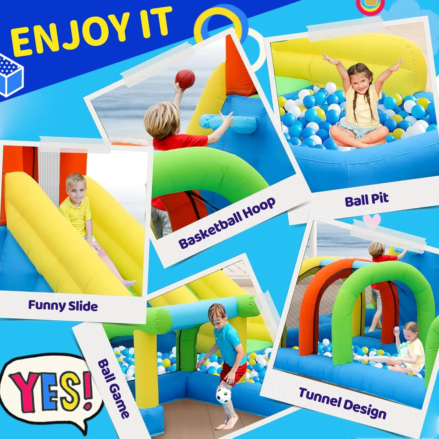 Inflatable Water Slide, Bounce House for Kids Outdoor, Inflatable Water Park with Tunnel, 7 in 1 Bouncy House with Blower for Party Birthday