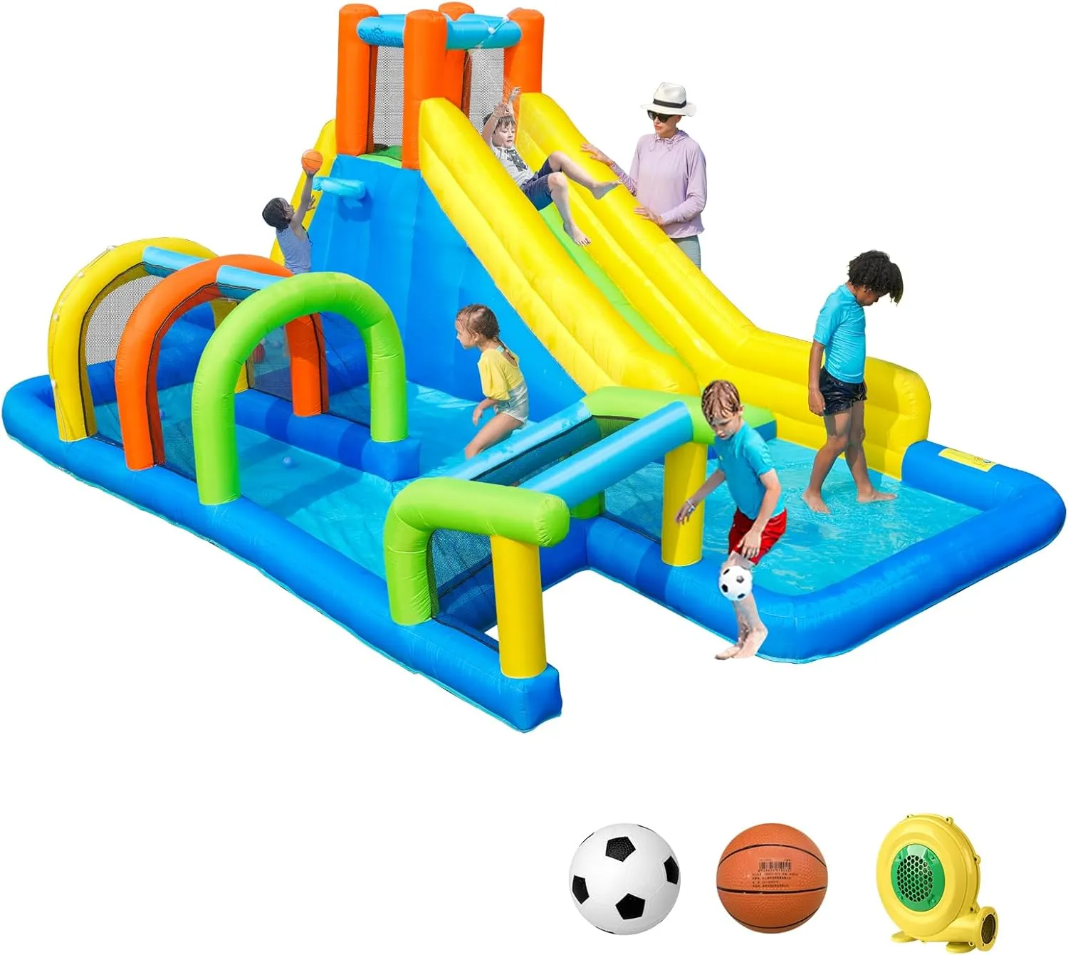 Inflatable Water Slide, Bounce House for Kids Outdoor, Inflatable Water Park with Tunnel, 7 in 1 Bouncy House with Blower for Party Birthday