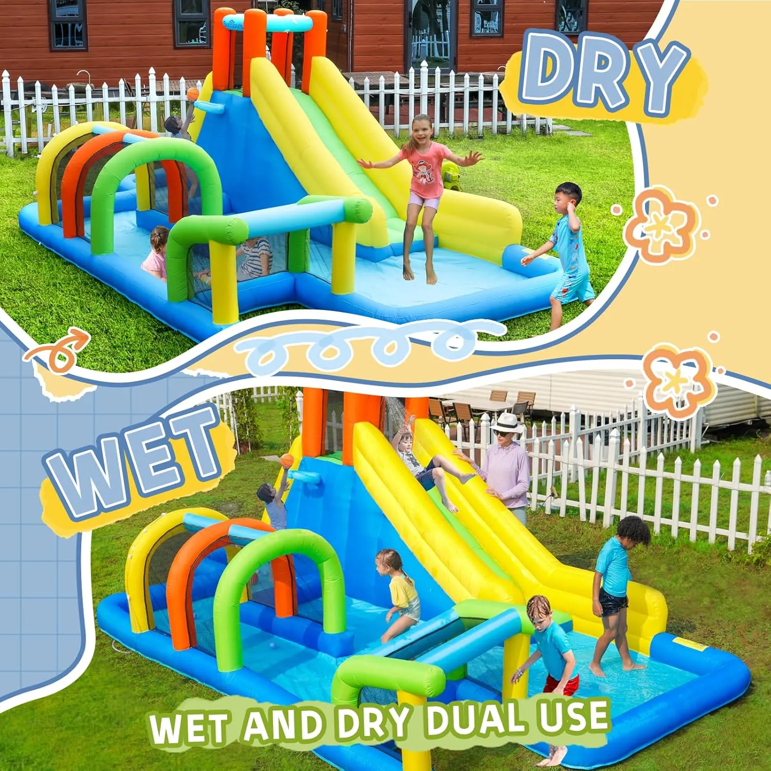 Inflatable Water Slide, Bounce House for Kids Outdoor, Inflatable Water Park with Tunnel, 7 in 1 Bouncy House with Blower for Party Birthday