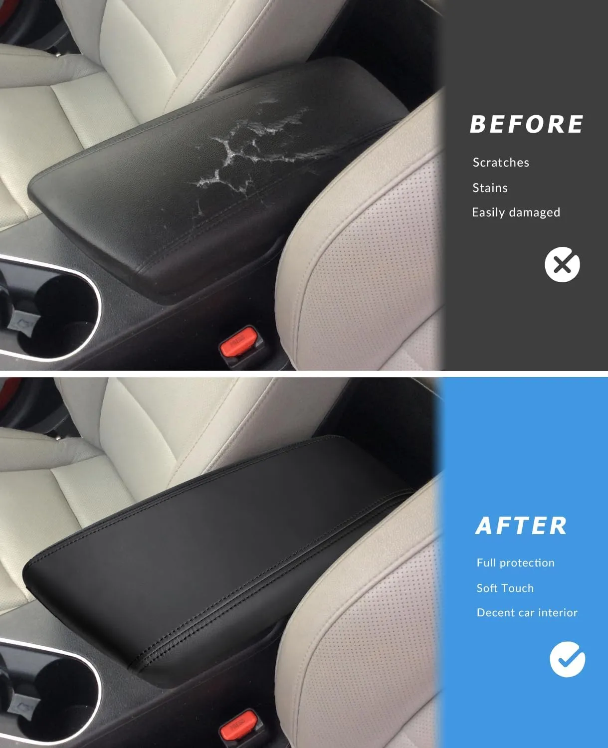 INTGET Car Center Console Armrest Cover for Kia Optima Accessories 2011 2012 2013 2014 2015 Leather Middle Console Arm Rest Box Lid Seat Cover Protector Cushion Saver (Black Stitches, 2011-2015)