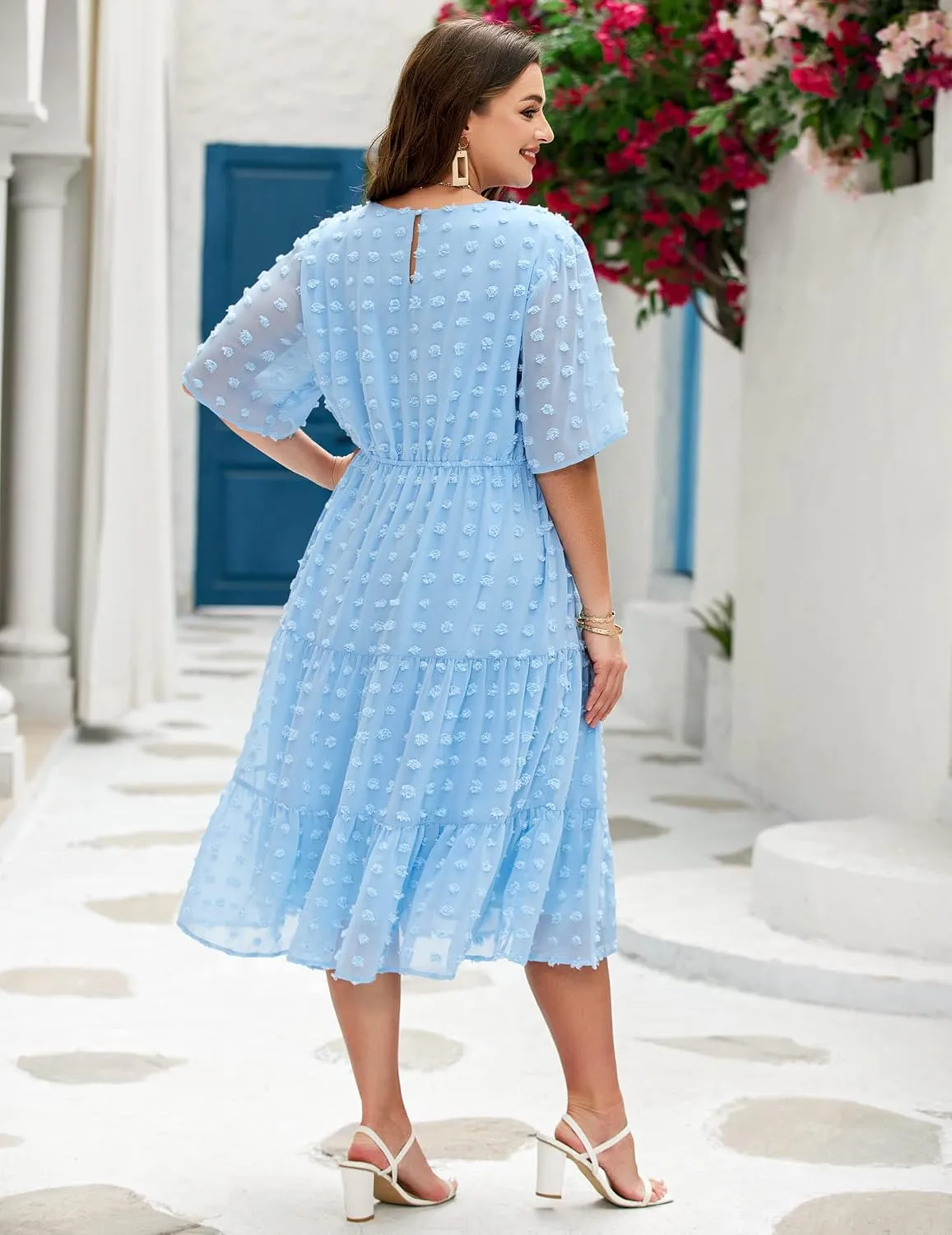 IN'VOLAND Womens Plus Size Swiss Dot Dress Chiffon Short Sleeve High Waist A Line Ruffle Tiered Babydoll Midi Dress