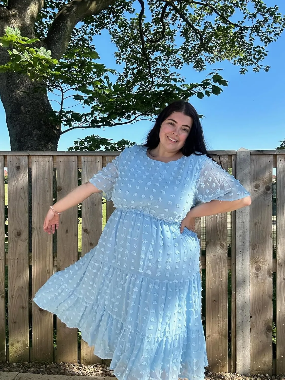 IN'VOLAND Womens Plus Size Swiss Dot Dress Chiffon Short Sleeve High Waist A Line Ruffle Tiered Babydoll Midi Dress
