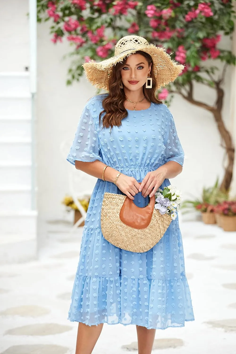 IN'VOLAND Womens Plus Size Swiss Dot Dress Chiffon Short Sleeve High Waist A Line Ruffle Tiered Babydoll Midi Dress