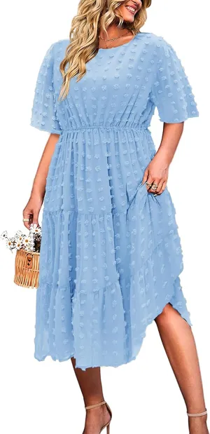 IN'VOLAND Womens Plus Size Swiss Dot Dress Chiffon Short Sleeve High Waist A Line Ruffle Tiered Babydoll Midi Dress