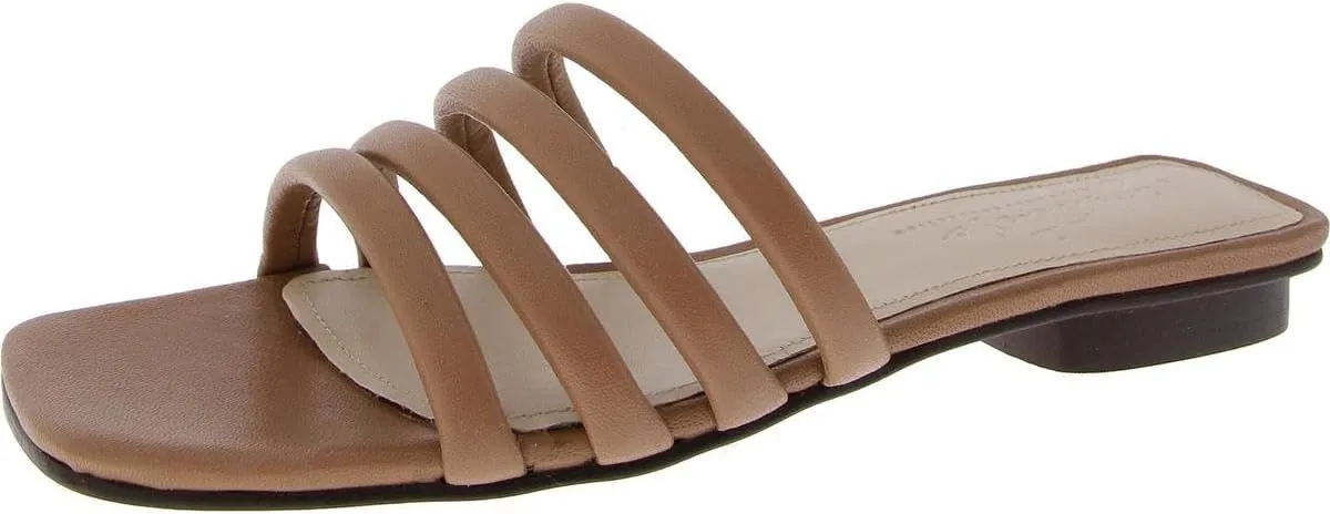 Journee Collection Signature Womens Genuine Leather Cendi Slip On Puff Strap Sandals Padded Slide Flat Open Square Toe