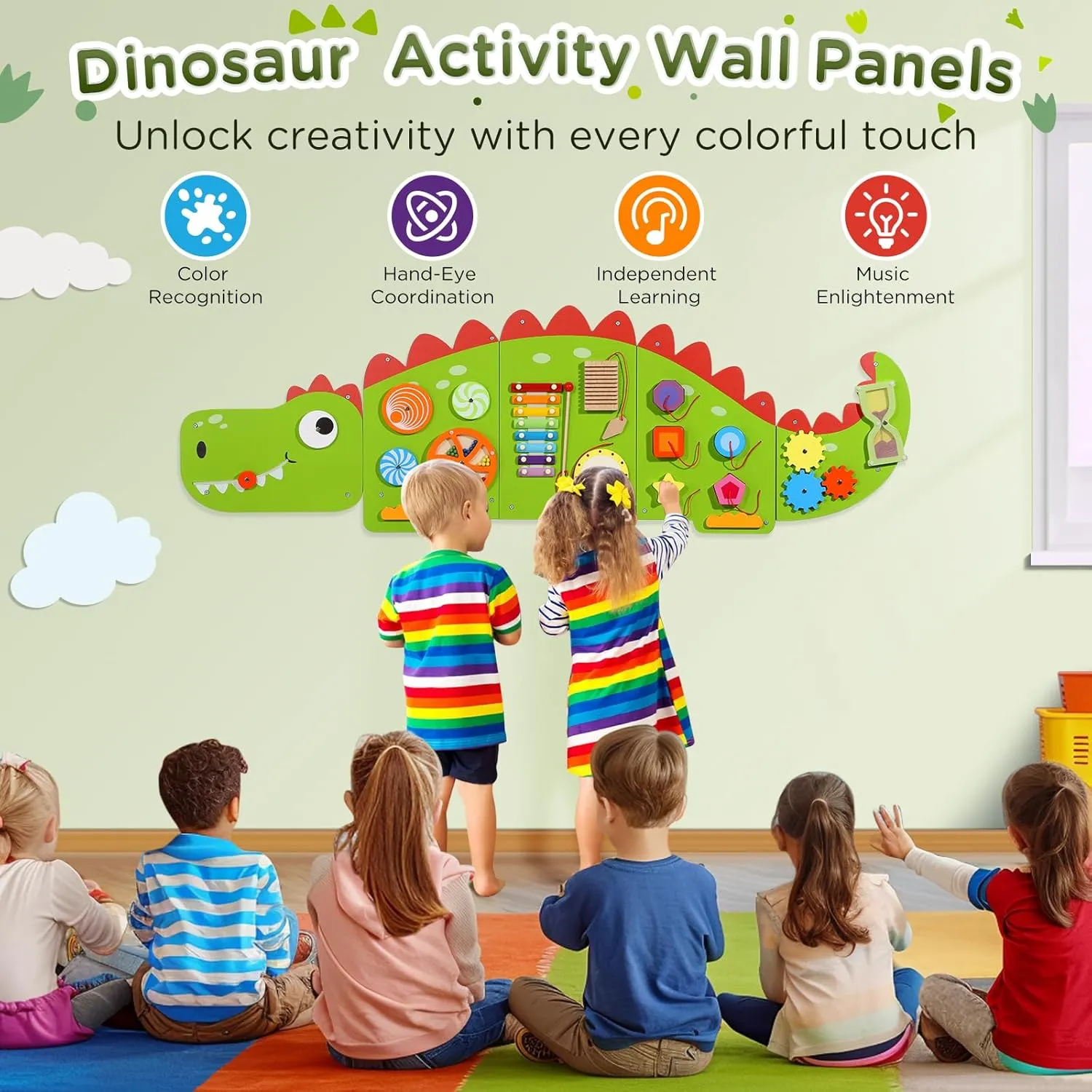 Joyibay Dinosaur Sensory Wall Panel: Sensory Wall Toy Wooden Dinosaur Busy Board Sensory Board Wall Toys 8 Sensory Activities Games for Toddlers Bedrooms Daycares