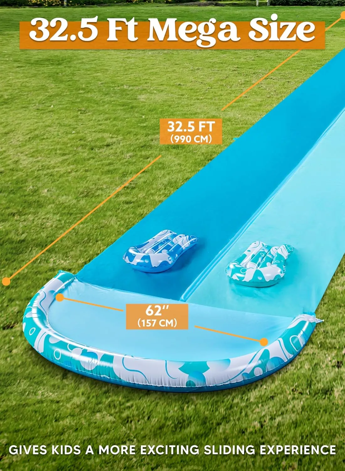 JOYIN 32.5FT Water Slide and 2 Inflatable Boards, Extra Long Heavy Duty Double Lawn Waterslide with Sprinkler for Kids Adults Backyard Summer Water Toy Outdoor Fun, Blue, Light Blue