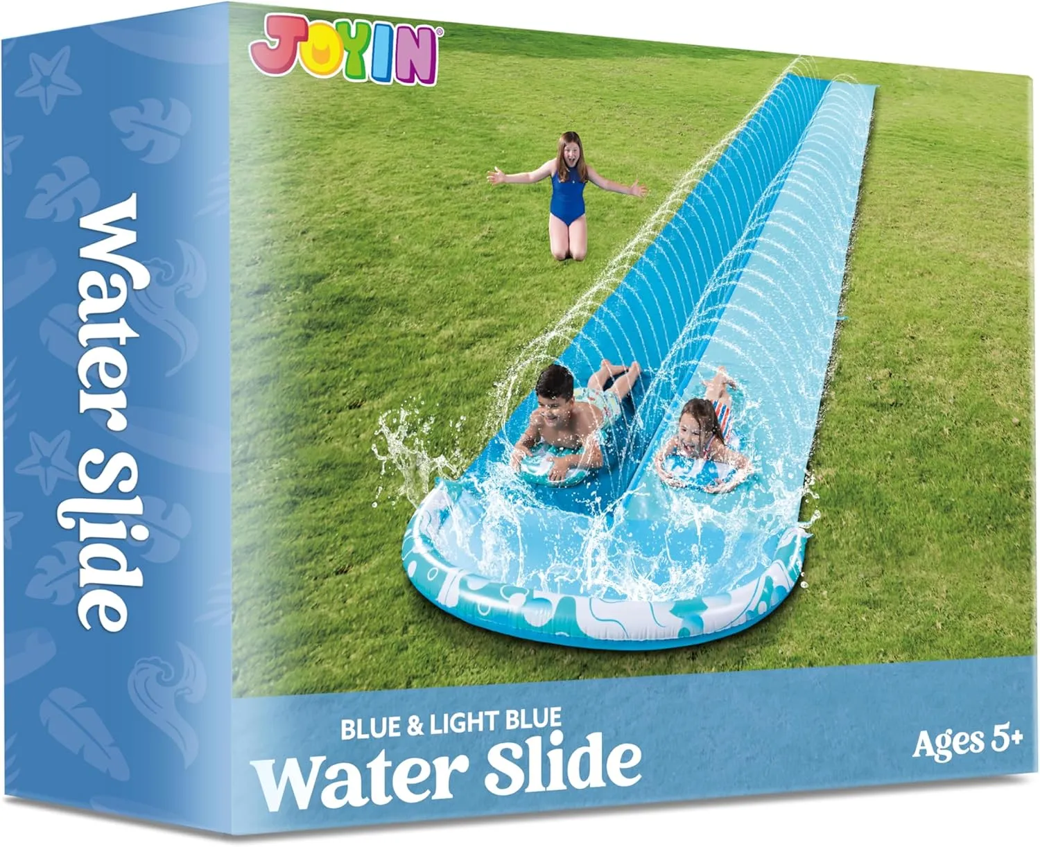 JOYIN 32.5FT Water Slide and 2 Inflatable Boards, Extra Long Heavy Duty Double Lawn Waterslide with Sprinkler for Kids Adults Backyard Summer Water Toy Outdoor Fun, Blue, Light Blue