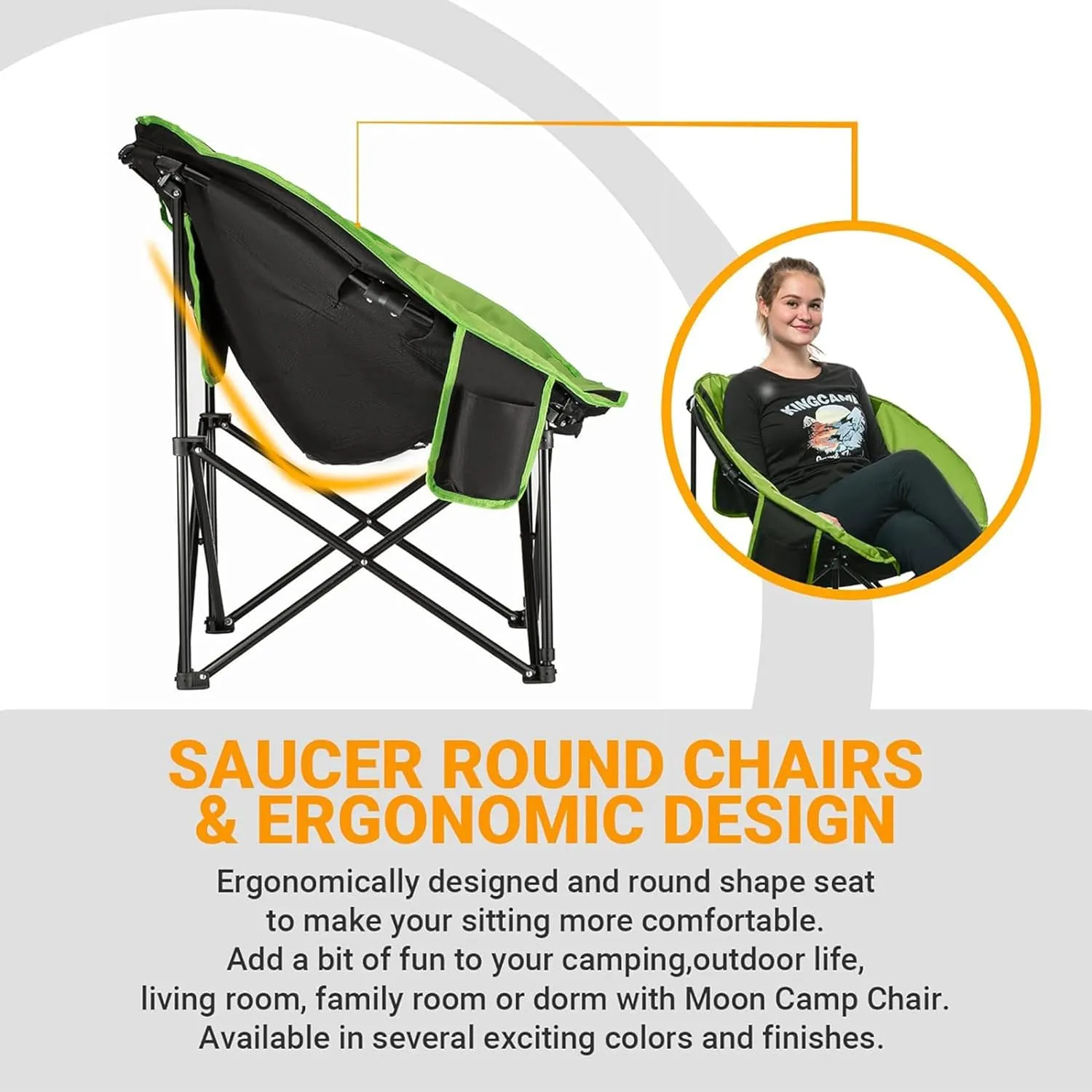 KingCamp Foldable Saucer Moon Lounge Chair with Cupholder Storage Pocket for Indoor Home or Outdoor Camping and Tailgating Use, Black/Green