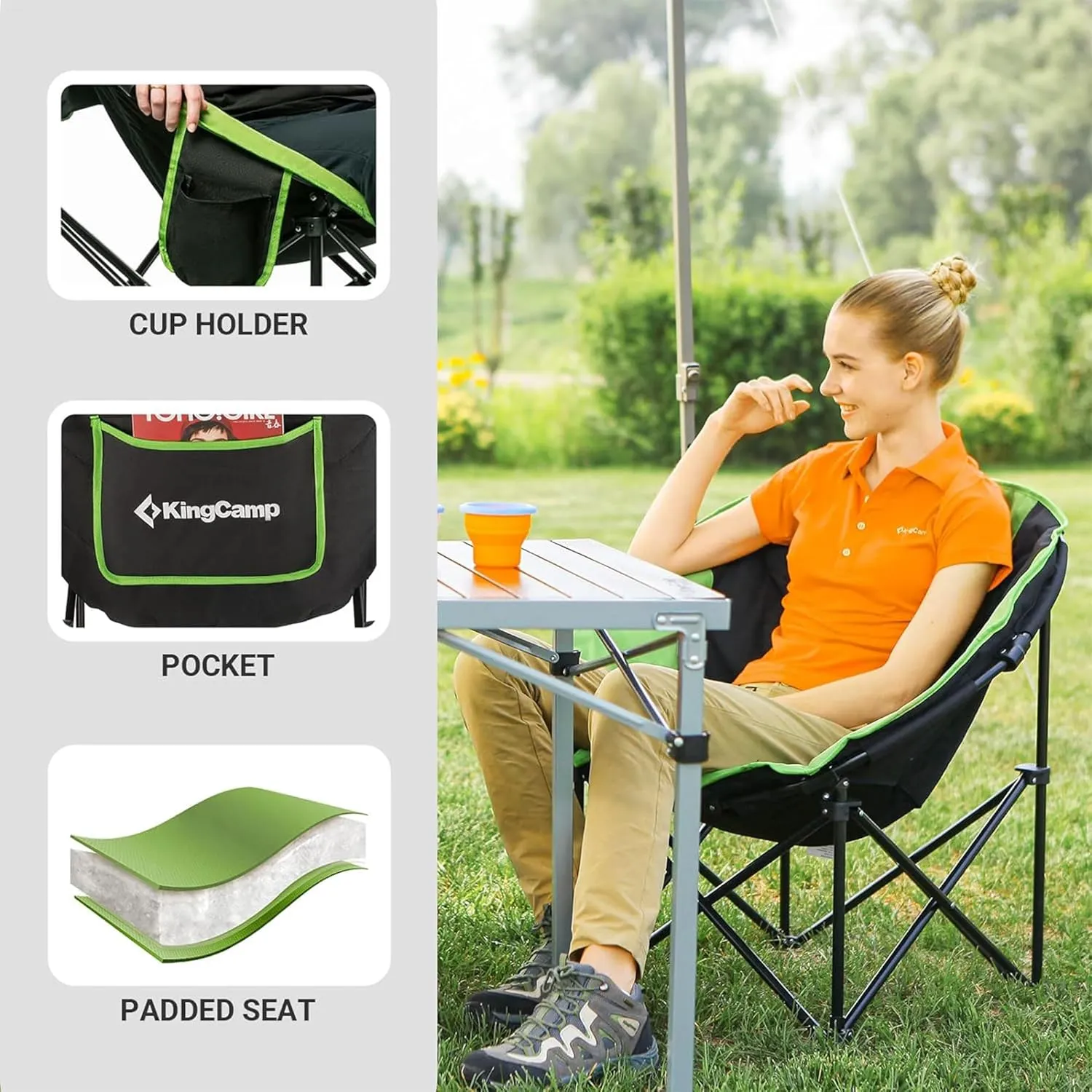 KingCamp Foldable Saucer Moon Lounge Chair with Cupholder Storage Pocket for Indoor Home or Outdoor Camping and Tailgating Use, Black/Green