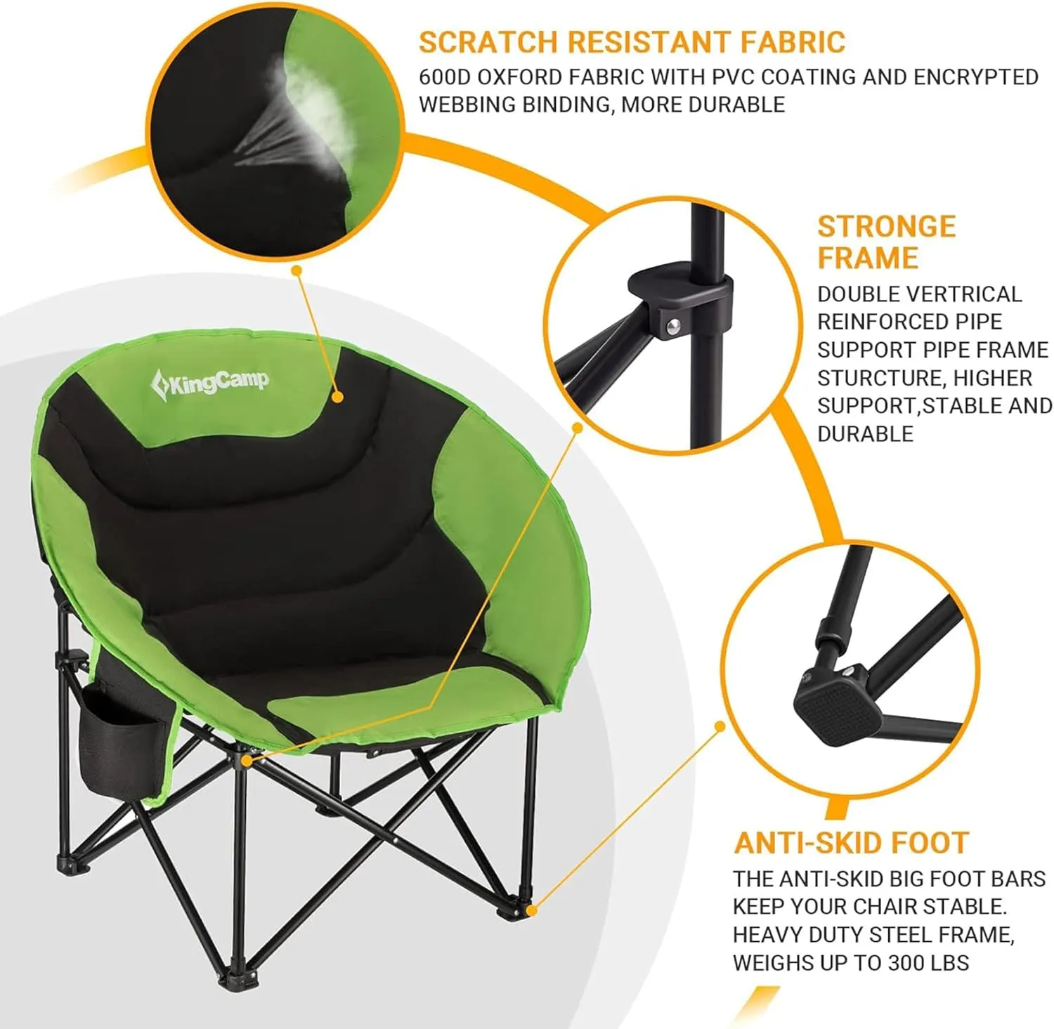 KingCamp Foldable Saucer Moon Lounge Chair with Cupholder Storage Pocket for Indoor Home or Outdoor Camping and Tailgating Use, Black/Green