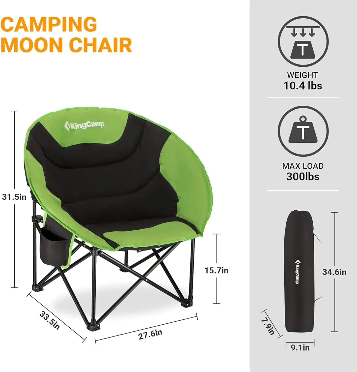 KingCamp Foldable Saucer Moon Lounge Chair with Cupholder Storage Pocket for Indoor Home or Outdoor Camping and Tailgating Use, Black/Green