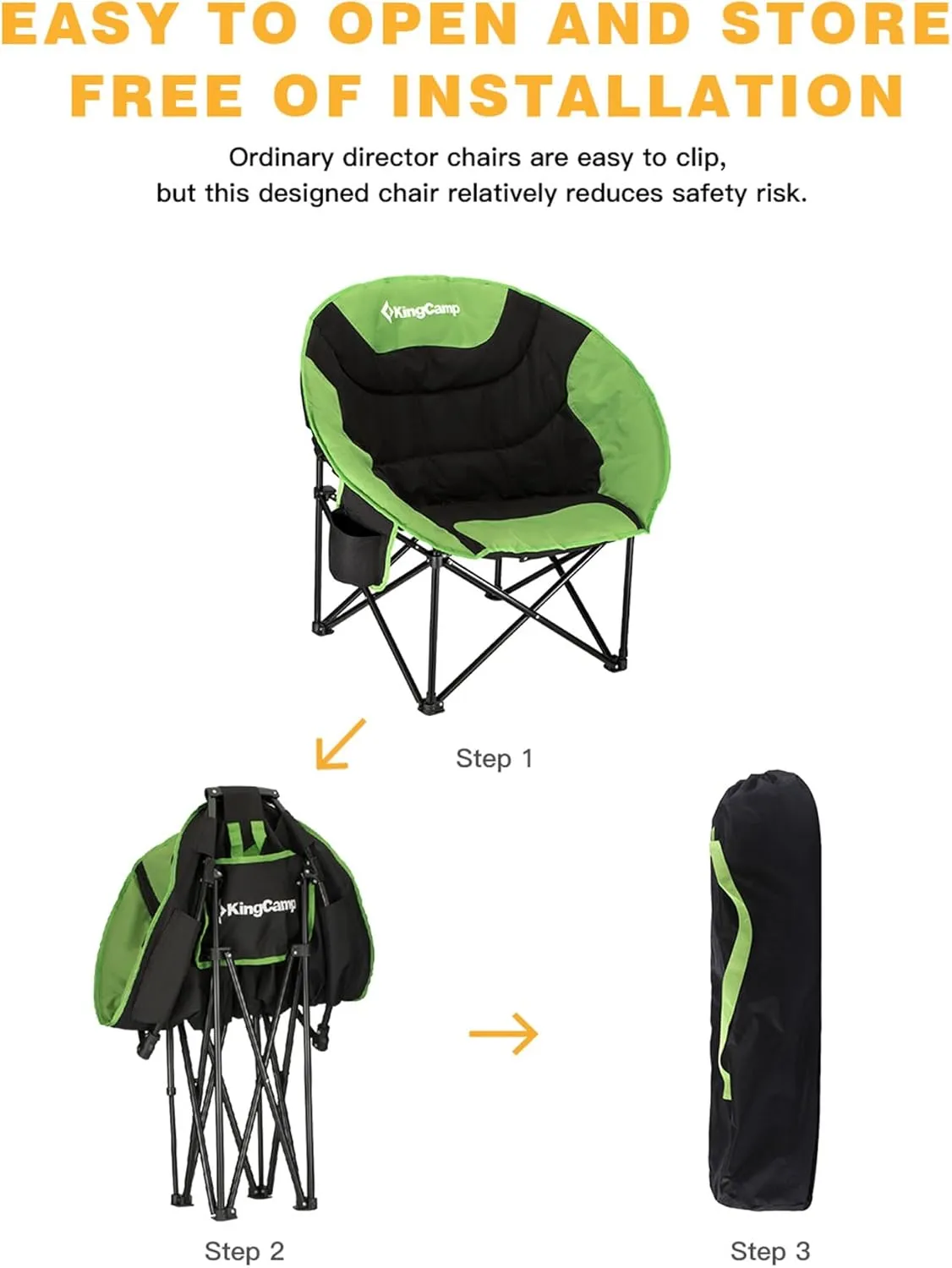 KingCamp Foldable Saucer Moon Lounge Chair with Cupholder Storage Pocket for Indoor Home or Outdoor Camping and Tailgating Use, Black/Green