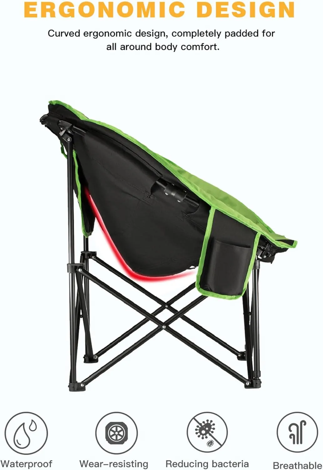KingCamp Foldable Saucer Moon Lounge Chair with Cupholder Storage Pocket for Indoor Home or Outdoor Camping and Tailgating Use, Black/Green