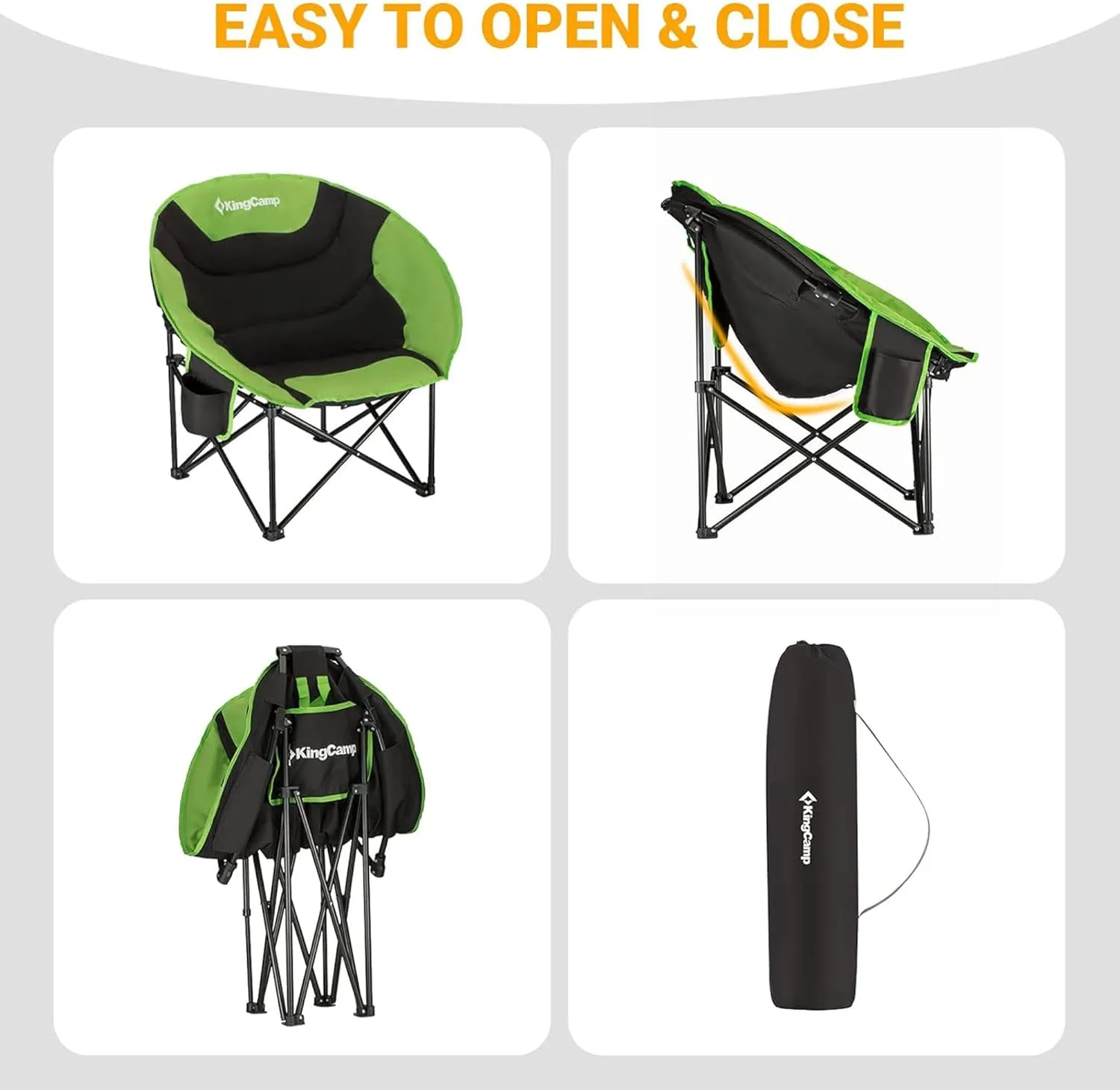 KingCamp Foldable Saucer Moon Lounge Chair with Cupholder Storage Pocket for Indoor Home or Outdoor Camping and Tailgating Use, Black/Green