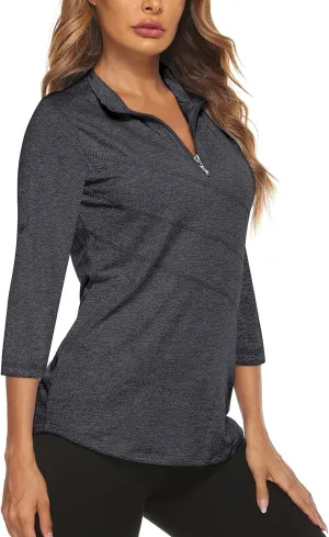 Koscacy Women's 3/4 Roll Sleeve Golf Tennis Polo Shirts UPF50  Half Zip Dry Fit Workout Tops Athletic Shirt