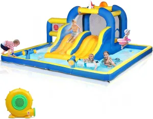 Ktaxon Inflatable Bounce House, Jumping Outdoor Air Castle Children Bouncer Double Water Slide with Air-Blower for Backyard, Park, Lawn (181" L x 181" W x 86.7" H)